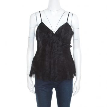 Pre Owned Herve Leger Black Silk Organza Raw Edge Tiered Babydoll Top L