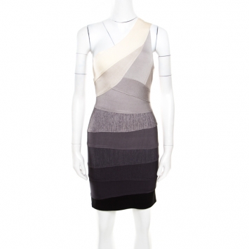 Pre Owned Herve Leger Grey Ombre One Shoulder Alexis Bandage Dress M