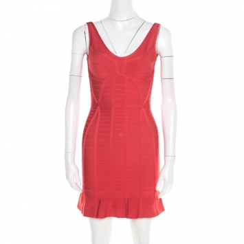 Pre Owned Herve Leger Red Sleeveless Bandage Fit and Flare Dress XS