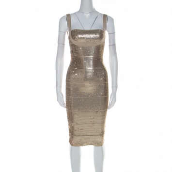 Pre Owned Herve Leger Antique Gold Sequinned Bandage Dress XXS