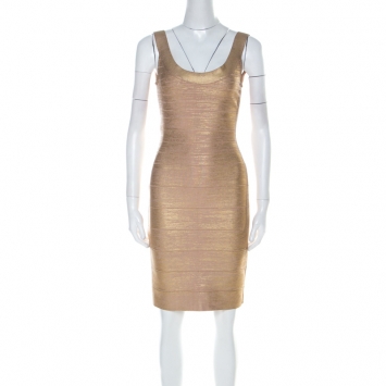 Pre Owned Herve Leger Brushed Gold Bandage Sleeveless Mini Dress XS