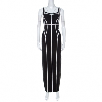 Pre Owned Herve Leger Black Sleeveless White Piping Detail Helena Bandage Gown XS