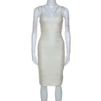 Pre Owned Herve Leger White Foil Printed Knit Ginny Bandage Dress S