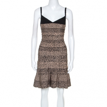 Pre Owned Herve Leger Black and Beige Animal Pattern Knit Nell Bandage Dress XS