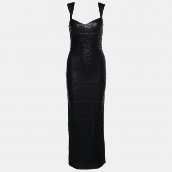 Pre Owned Herve Leger Black Foil Print Knit Bandage Dress S