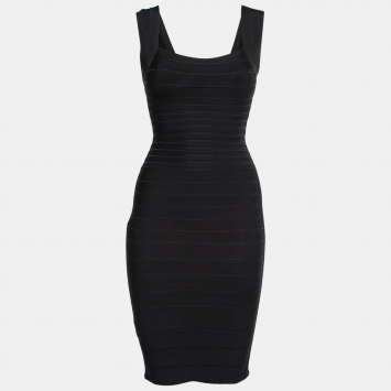 Pre Owned Herve Leger Black Stretch Knit Bandage Bodycon Dress XS  