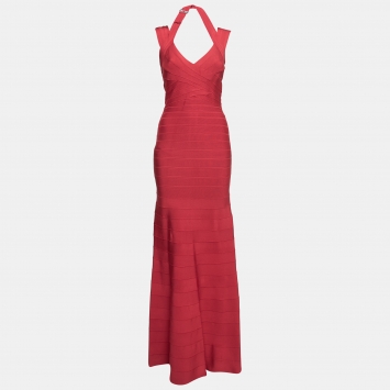Pre Owned Herve Leger Red Bandage Selene Halter Neck Maxi Dress M