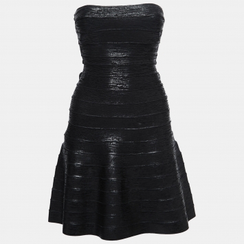 Pre Owned Herve Leger Black Stretch Knit Bandage Strapless Mini Dress XS