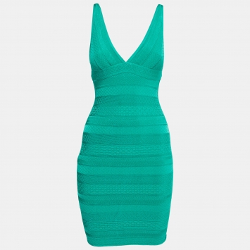 Pre Owned Herve Leger Green Knit Lauren Bodycon Mini Dress S