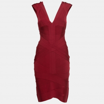 Pre Owned Herve Leger Red Knit V-Neck Cap Sleeve Short Bodycon Dress L