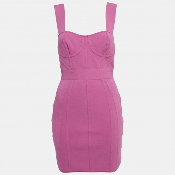 Pre Owned Herve Leger Pink Bandage Knit Sleeveless Mini Dress M