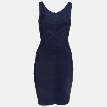 Pre Owned Herve Leger Navy Blue Bandage Knit Sleeveless Mini Dress S