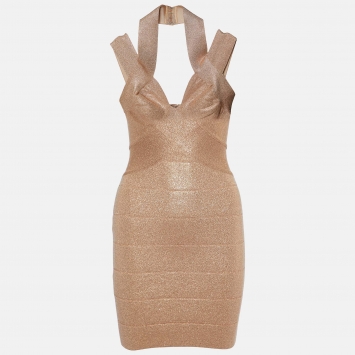 Pre Owned Herve Leger Metallic Lurex Knit Bandage Mini Dress XXS