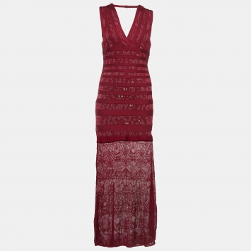 Pre Owned Herve Leger Burgundy Knit Lace Trim Maxi Dress M