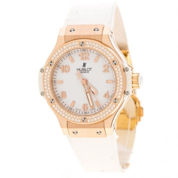 Pre Owned Hublot White 18K Rose Gold Diamonds Big Bang Women's Wristwatch 38 mm