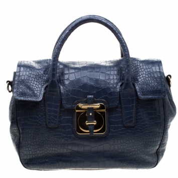 Pre Owned Hugo Boss Blue Crocodile Embossed Leather Cleide-C Satchel 