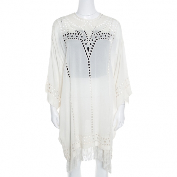 Pre Owned Isabel Marant Etoile Cream Cutout Embroidered Detail Fringed Enery Dress S