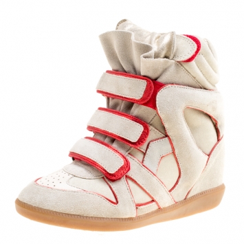 Pre Owned Isabel Marant Grey Suede with Metalllic Red Leather Trim Bekett Wedge Sneakers Size 35