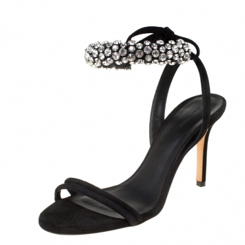 Pre Owned Isabel Marant Black Suede Alrin Crystal Embellished Ankle Strap Sandals Size 38