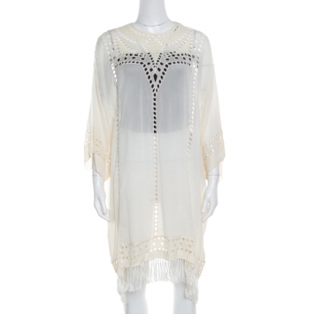 Pre Owned Isabel Marant Etoile Cream Embroidered Ladder Lace Insert Tasseled Hem Kaftan S