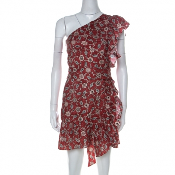 Pre Owned Isabel Marant Etoile Brick Red Paisley Print Linen One Shoulder Ruffle Mini Teller Dress S