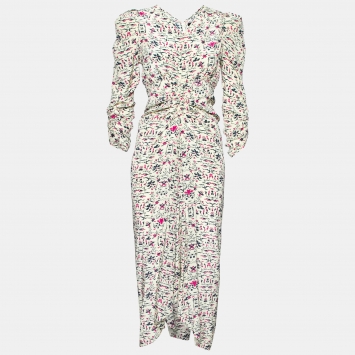 Pre Owned Isabel Marant Yellow Printed Silk Gathered Detail Dress S