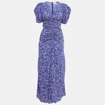 Pre Owned Isabel Marant Purple Printed Silk Blend Ruched Long Dress S