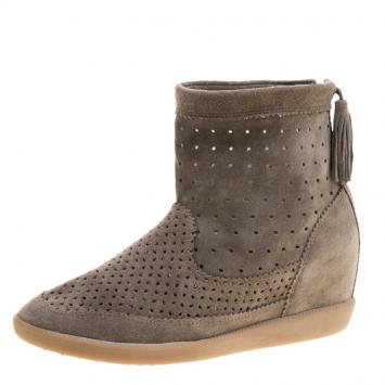Pre Owned Isabel Marant Moss Green Perforated Suede Basley Ankle Boots Size 40