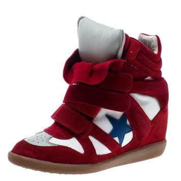 Pre Owned Isabel Marant Red/Beige Suede and Canvas Bayley Star Wedge Sneakers Size 37
