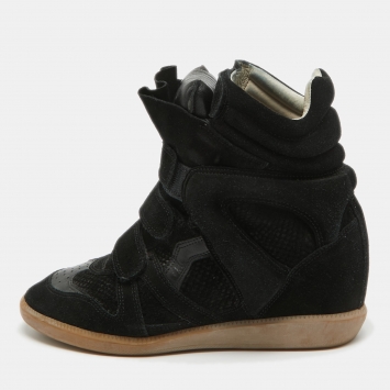 Pre Owned Isabel Marant Black Leather and Suede Over Basket Wedge High Top Sneakers Size 39