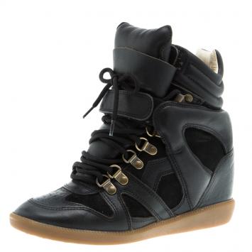Pre Owned Isabel Marant Black Suede And Leather Bekett Wedge Sneakers Size 36