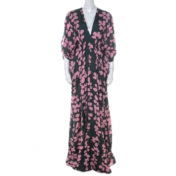 Pre Owned Issa Pink and Green Printed Silk Zip Front Kaftan Dress M
