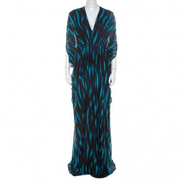 Pre Owned Issa Blue and Black Stripe Printed Silk Maxi Kaftan Dress S