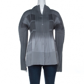 Pre Owned Issey Miyake Grey Plisse Detail Long Sleeve Button Front Shirt S