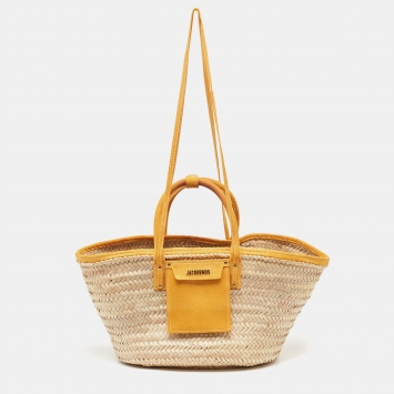 Pre Owned Jacquemus Beige/Yellow Straw and Suede Le Panier Soleil Basket Tote
