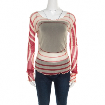 Pre Owned Jean Paul Gaultier Soleil Red and Cream Printed Nylon Mesh Long Sleeve Top L