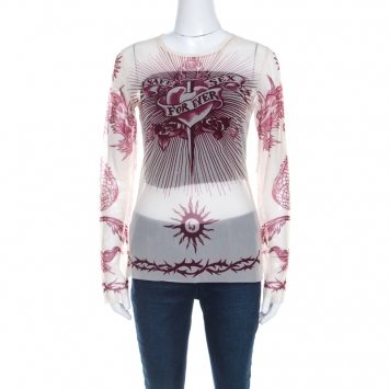 Pre Owned Jean Paul Gaultier Soleil Cream Printed Nylon Mesh Long Sleeve Top L