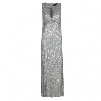 Pre Owned Jenny Packham Grey Sequin Embellished V-Neck Sleeveless Gown S