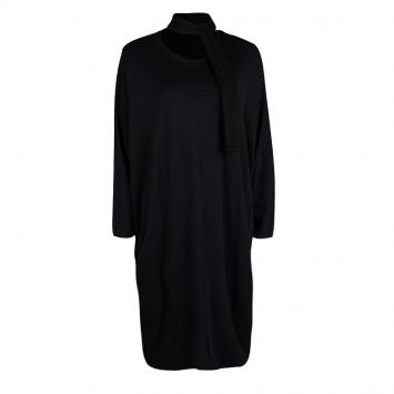 Pre Owned Jil Sander Black Slub Jersey Neck Tie Detail Oversized Dress M