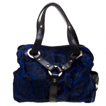 Pre Owned Jimmy Choo Black/Blue Leopard Print Calfhair and Leather Odette Bag