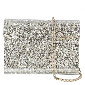 Pre Owned Jimmy Choo Metallic Champagne Glitter Acrylic Candy Clutch Bag