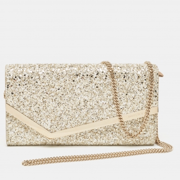 Pre Owned Jimmy Choo Gold Coarse Glitter Emmie Clutch