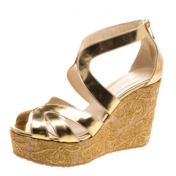 Pre Owned Jimmy Choo Gold Metallic Leather Parrow Lace Cork Platform Wedges Size 38