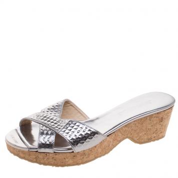 Pre Owned Jimmy Choo Silver Metallic Embossed Leather Panna Cork Slides Size 37.5
