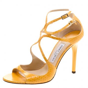 Pre Owned Jimmy Choo Orange Python Lance Strappy Sandals Size 38.5