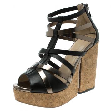 Pre Owned Jimmy Choo Two Tone Leather Pascal Cork Wedge Sandals Size 38.5