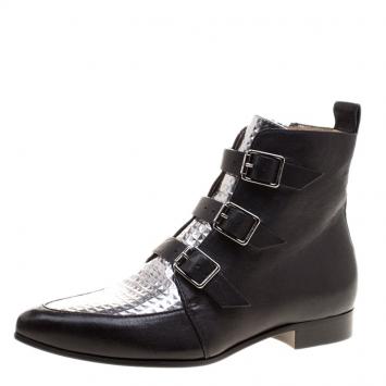 Pre Owned Jimmy Choo Black and Metallic Silver Embossed Leather Marlin Ankle Boots Size 36