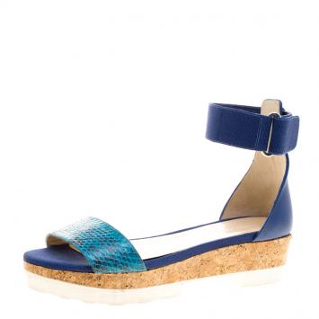 Pre Owned Jimmy Choo Blue Watersnake Neat Ankle Strap Cork Wedge Platform Sandals Size 39