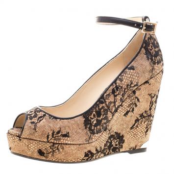 Pre Owned Jimmy Choo Beige Cork and Lace Pacific Peep Toe Ankle Strap Wedge Pumps Size 40