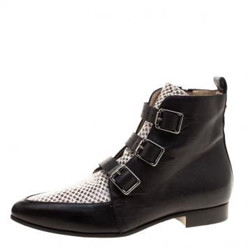 Pre Owned Jimmy Choo Black and Snake Embossed Leather Marlin Boots Size 35